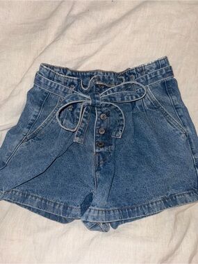 High-Waist Blue Denim Paperbag Women's Shorts with Tie
